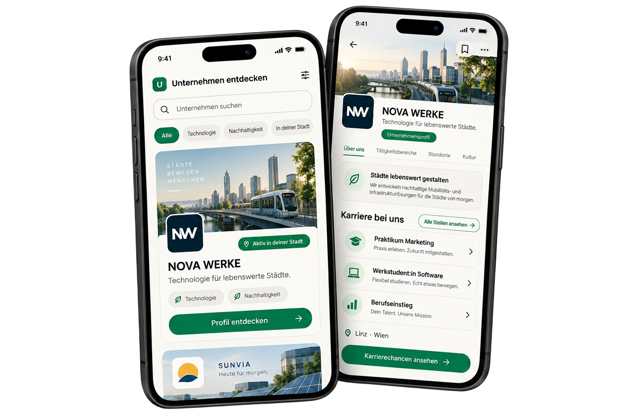 Zwei Smartphone-Ansichten der UNIVIGO Studenten-App mit Unternehmensentdeckung und Karriereprofil von NOVA WERKE